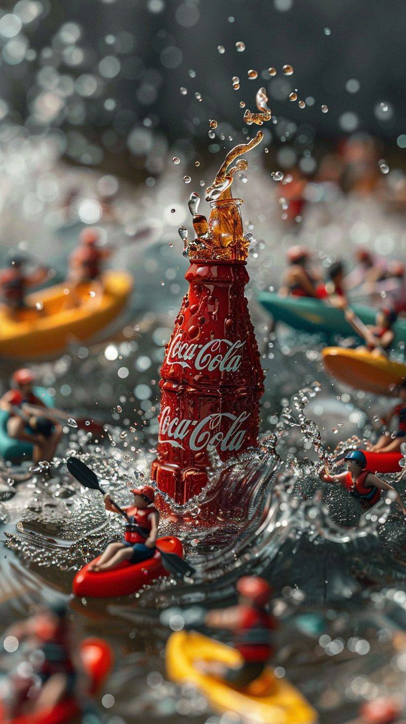 Tatsuya Tanaka, miniature food photography, scene photography, giant Coca-Cola in the center, brown cola spewing out of the mouth of the bottle, a group of young people kayaking, boating, water skiing, and other water sports on a lake, diagonal composition, dreamy texture, advanced photography style, cool tones, natural, surrealistic style, high quality, Fuji --ar 9:16 --stylize 250