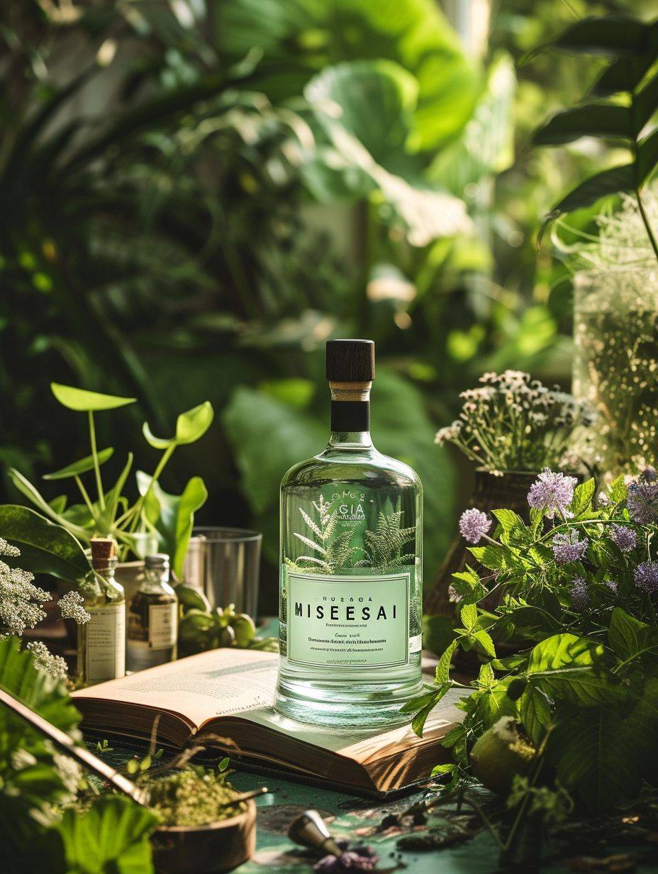 Product Photography, a gin bottle with the brand text 'musesai' is placed in a lush garden setting, surrounded by exotic herbs and botanicals along with a vintage botanical book. Bright, natural lighting creates a fresh, invigorating atmosphere, conveying the refreshing taste of nature.