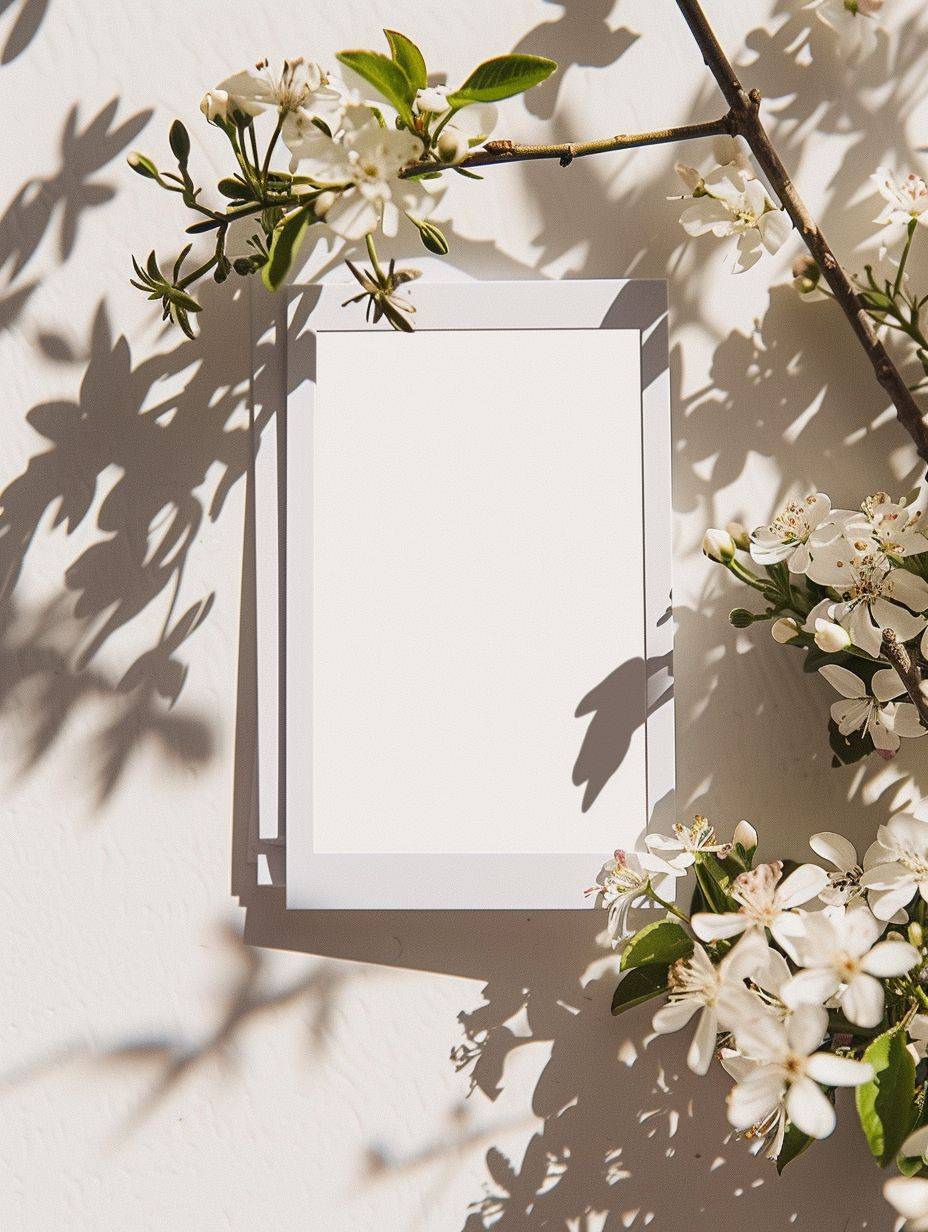 a blank polaroid mockup, on a minimal plain background, flowers, shadows, minimal, shot by fujifilm