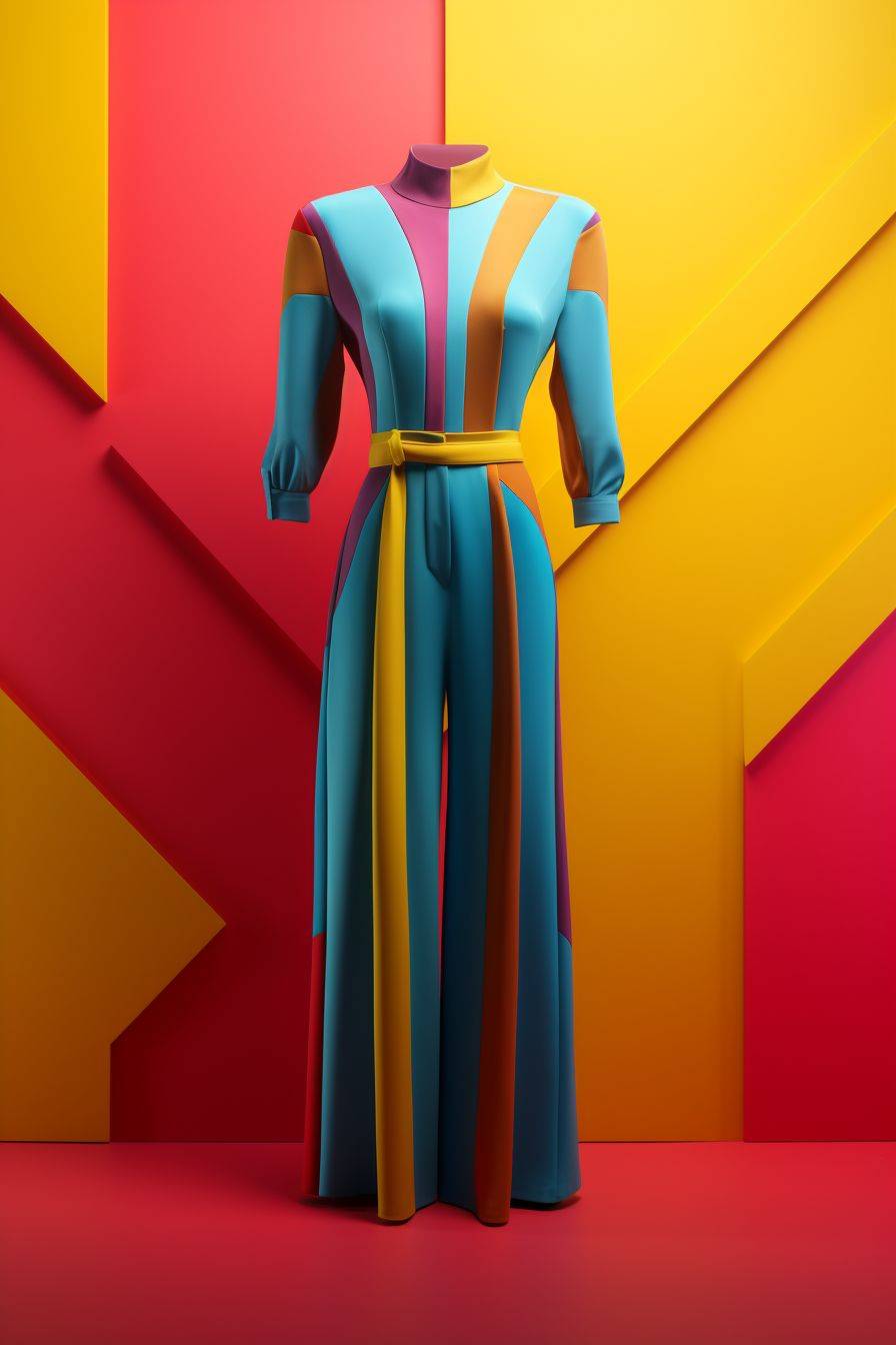 Front view of a jumpsuit design by Cristobal Balenciaga featuring a wide-leg silhouette and cut-out details at the waist, shot from a high angle, with a bold color scheme, clean and vibrant background, Crepuscular rays effect, using Octane render and V-ray, no mannequin, aspect ratio 2:3, version 5.1, quality 2.
