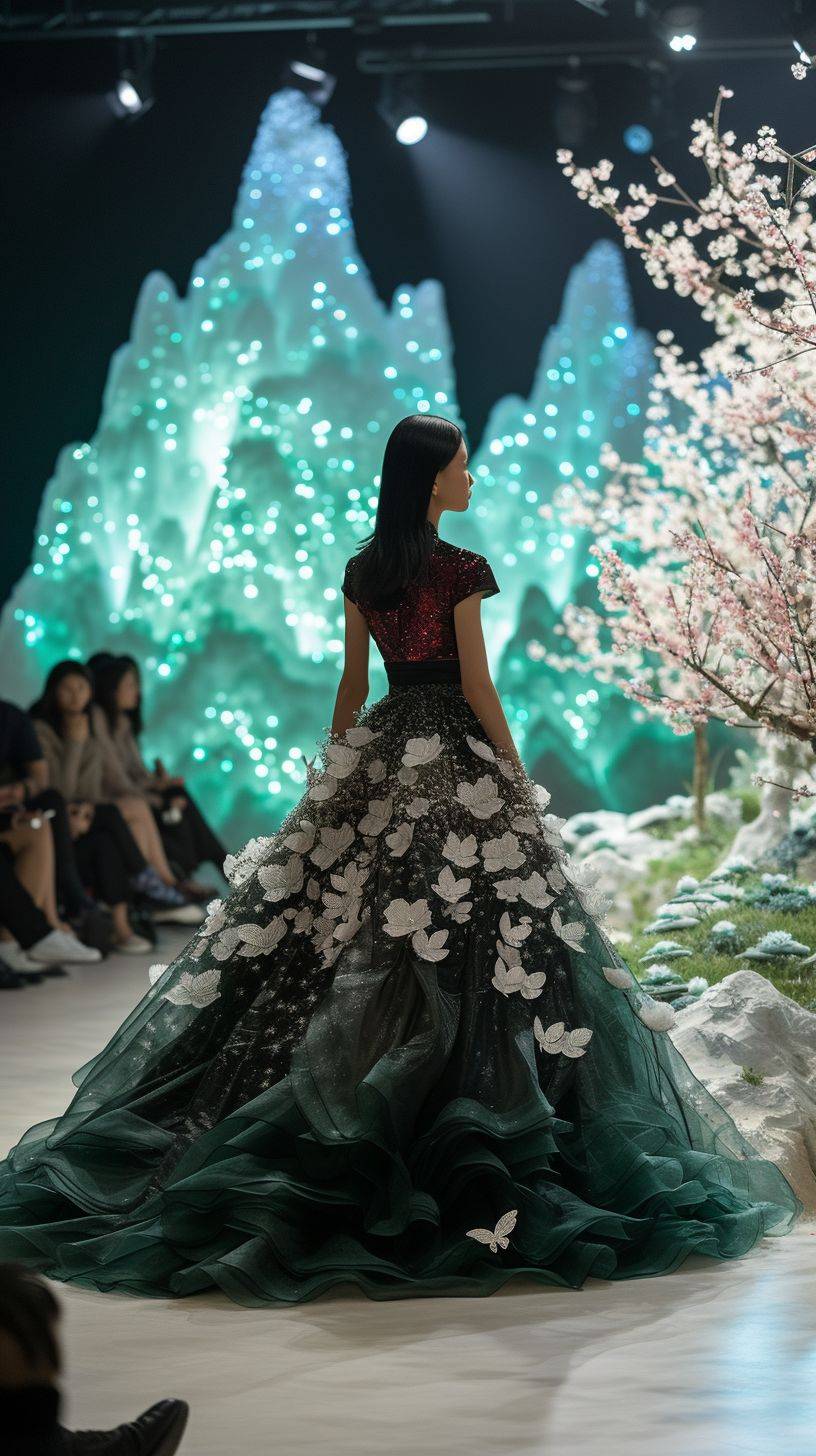 Fashion show with audience, the model is wearing a long dress in a shape of miniature waterfall. The dress features mountains, bioluminescent trees, blooming trees and flowers, butterflies and mushrooms.