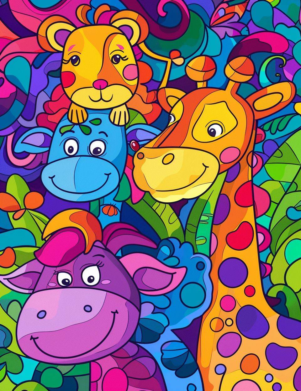 Colorful illustration of animals and babies, no text in image, coloring background, illustration, cover