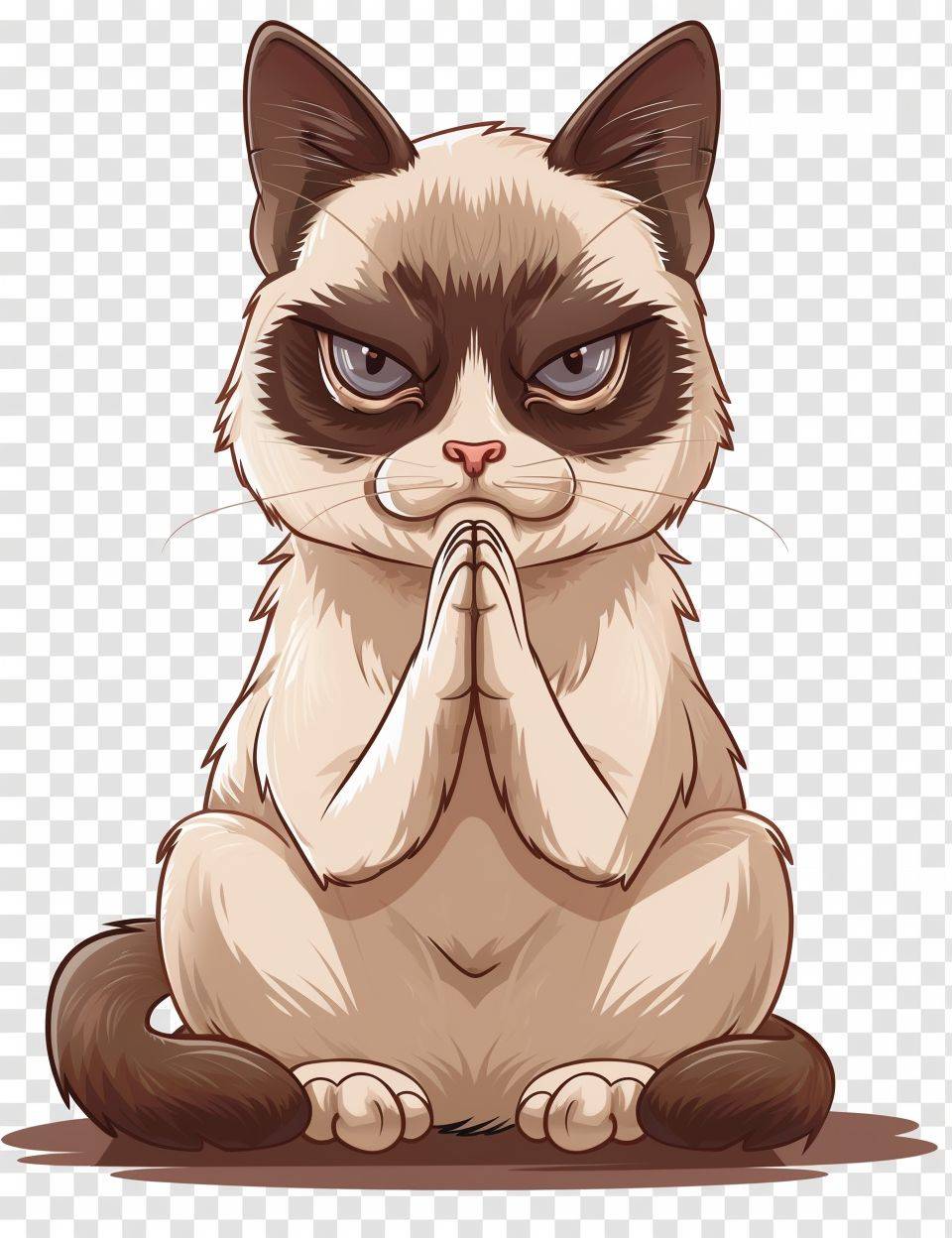 A grumpy cat with an insidious look, praying, plain transparent background, comic style