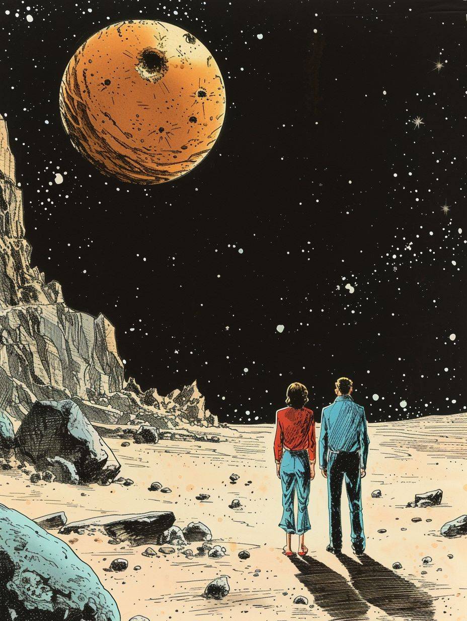 Color, pen and ink, illustrated by Hergé, background of space and earth. A sad man and a happy woman