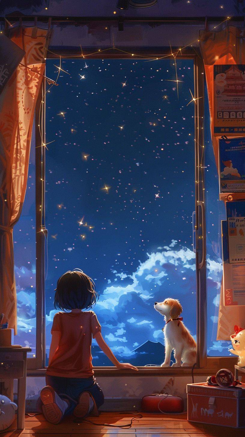 A cute Japanese girl and her dog lean against the window in a Pixar-style room, looking up at the starry sky. The room features a photo of Ryuichi Sakamoto and a poster of Namsan, along with beautiful indirect lighting and pretty art toys.