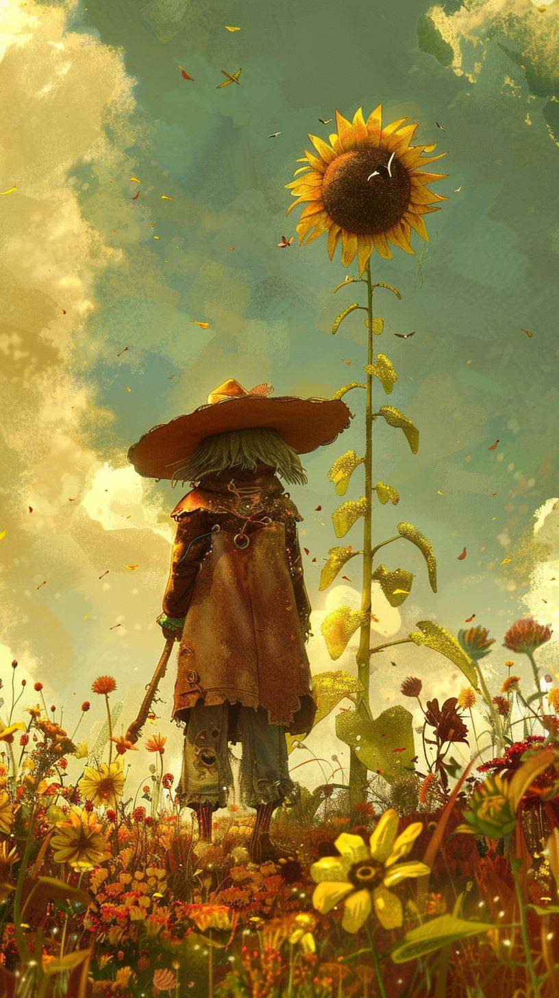 A cartoon man wearing a hat is standing in a sunflower field, in the style of Werner Herzog, João Artur da Silva, Junglepunk, animated exuberance, I can't believe how beautiful this is, Richard Dadd's subtle humor