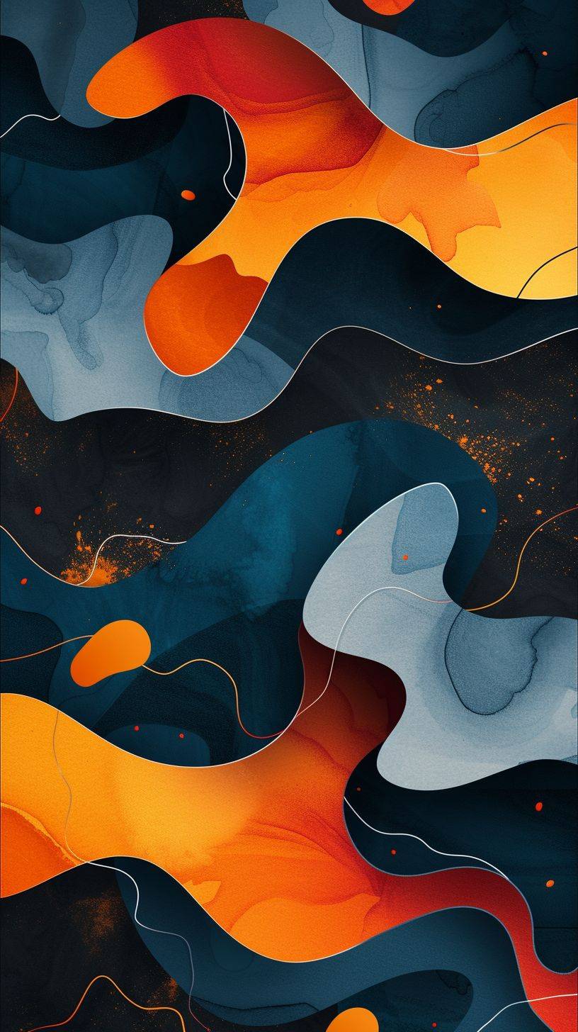 Dark mode wallpaper of a phone featuring a colorful abstract piece, in the style of dark sky-blue and dark orange, polished concrete, rounded shapes, smooth and curved lines, primitivist elements, shaped canvas, and textured splashes.