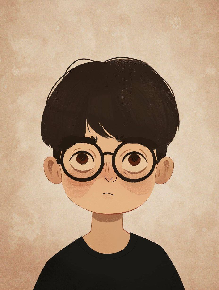 Kakao Talk emoticon, profile picture, Korean boy, round glasses, dark hair, brown eyes, flat design, Jon Klassen style