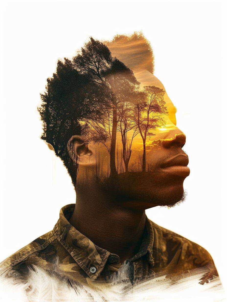 The fall movie poster of a handsome Nigerian man closing his eyes in meditation with the sunrise behind him, white background, in the style of expressive painterly textures, meditation in the style of double exposure, aquarellist, iconic album covers, realist-portraits, nature-inspired, #myportfolio, daguerreotype --ar 3:4 --v 6