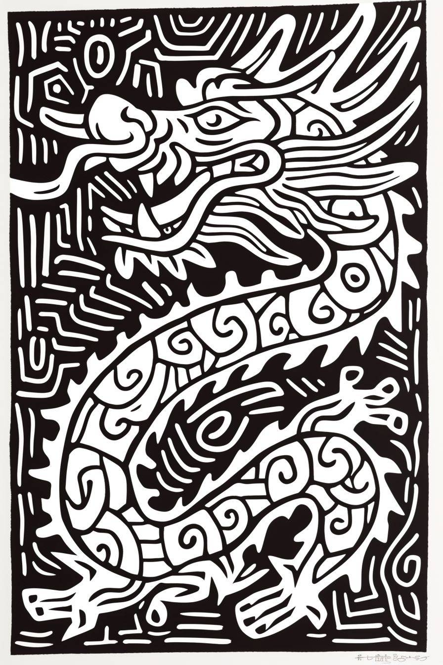 A traditional Chinese dragon, four-pawed, in the style of Keith Haring, with thick line draft, printed with lino, cool and simple