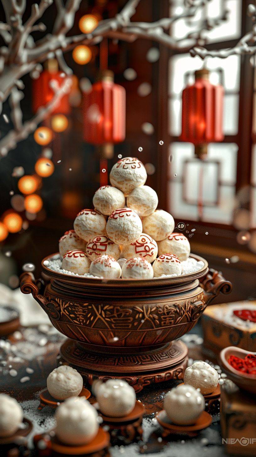 Miniature, super cute clay world, a huge bowl with many lovely rice dumplings, lovely expression, Chinese Lantern Festival, tilt movement, excellent lighting, volume, brush rendering, 3D, super detail