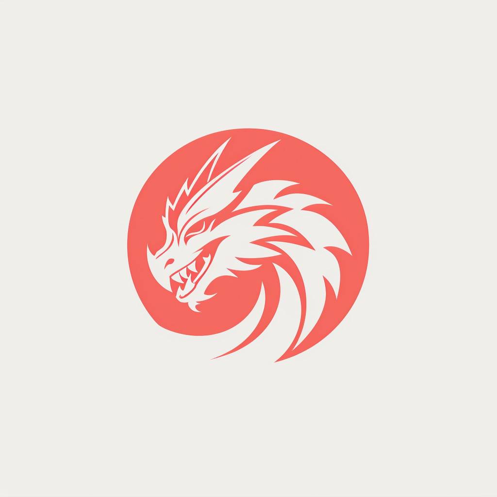 円形の白い背景に載っているドラゴンの頭のロゴ。軽い赤色、精密な線と形状が特徴で、アニメーションgif、レターボックス、負の空間を強調し、日本の要素を取り入れたハイストコアスタイル。