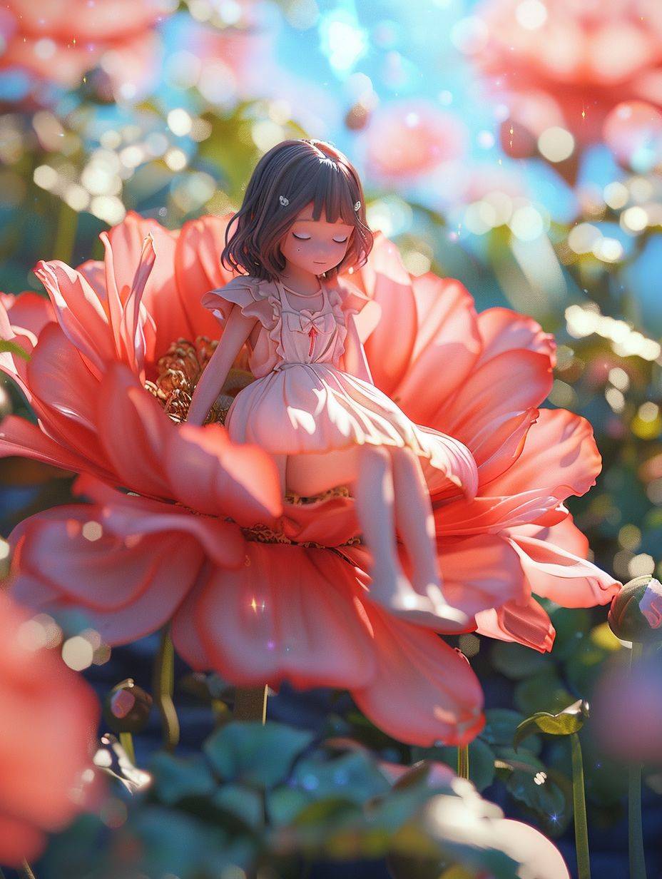 It's spring, a super cute little girl IP sitting on a huge flower as if dreaming, sunny day, chibi, 3D, natural lighting, full body portrait, 8k best quality, super detail, super detail, Ultra HD --ar 3:4