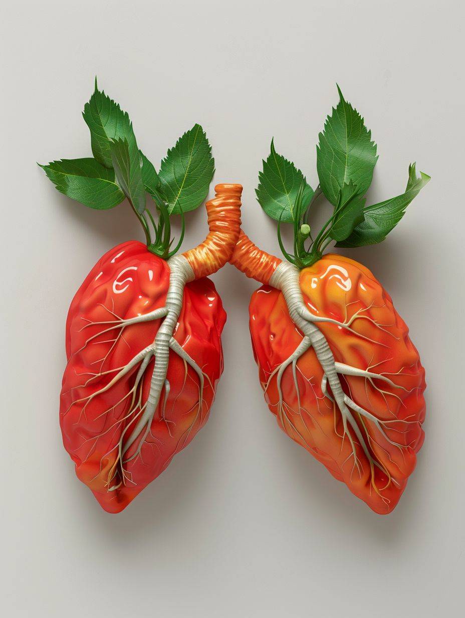 白い背景に並べられた2つの[果物/野菜]が、人間の肺の形に似ている写実的な画像。