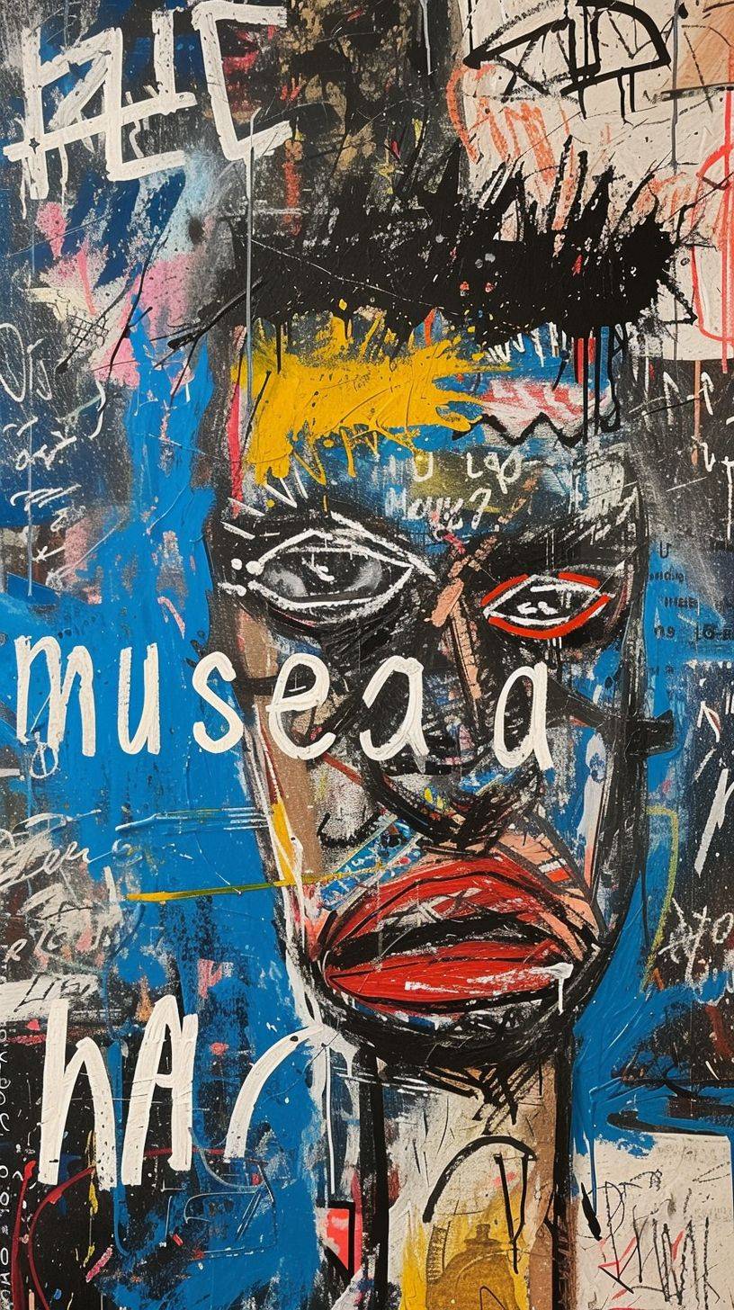 This artwork shows graffiti with a sentence that says 'musesai' in the style of Basquiat, art brut, and india ink.