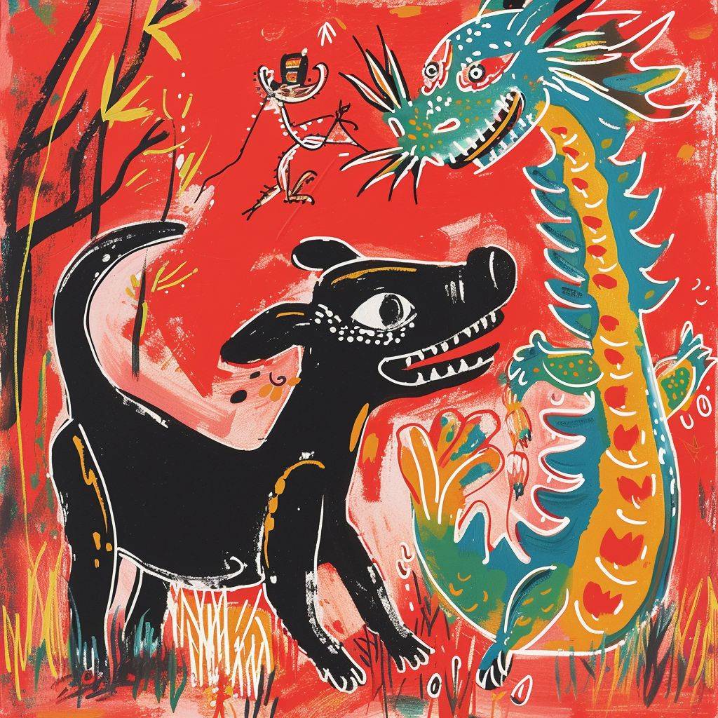 Risograph printing, A cheerful black dog and a very cute Chinese dragon, by Maud Lewis, lively and funny, abstract simple lines, illustration, Picasso, Multi-color, advanced color matching, red background, 18k