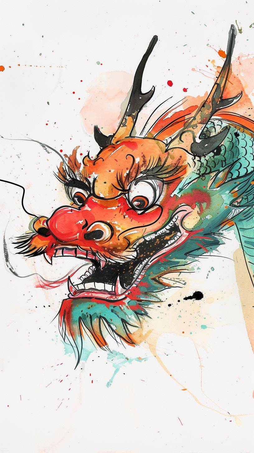 A cartoon Chinese dragon by Wu Guanzhong, in a cute style, front view, multicolored, featuring a close-up of the head with a happy expression, rendered in ink painting style. This piece combines minimalism, with influences from Picasso, and is executed in an illustration style with advanced color schemes on a white background, high-definition quality 32k.