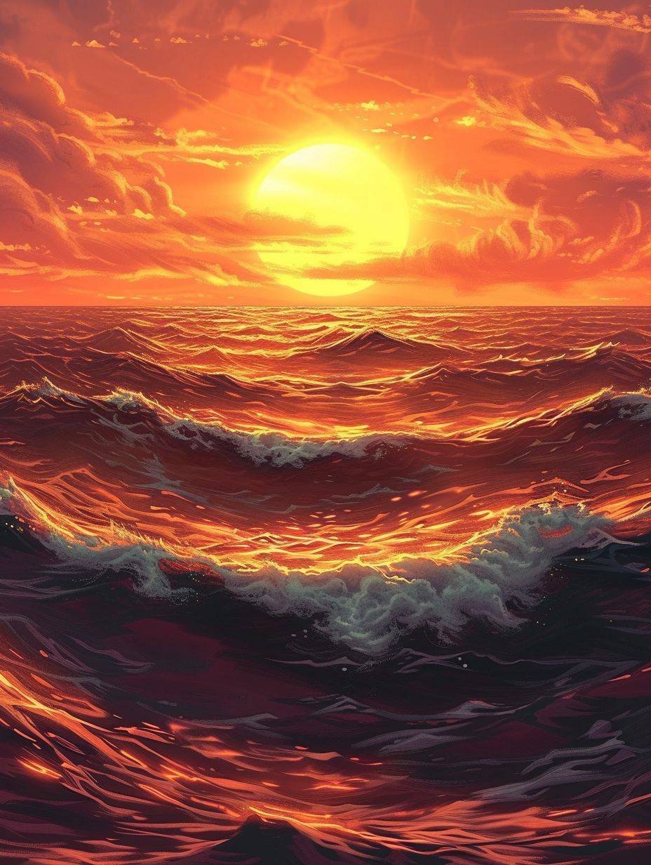 The golden sun sets on the horizon, casting its fiery glow over the rolling waves of the ocean, Alena Aenami style