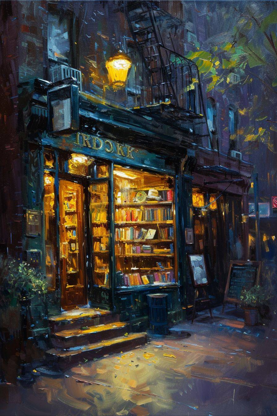 A cute little bookshop in New York in the evening, painted in oil on canvas, with deep moody lighting and intense brushstrokes. Cool colors with bold warm yellow highlights, adding contrast and depth.
