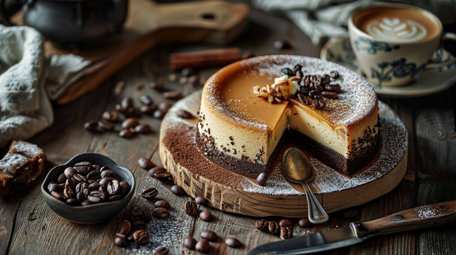 Food Photography, cheesecake and coffee, photos with depth of field for products advertisements --aspect ratio 16:9