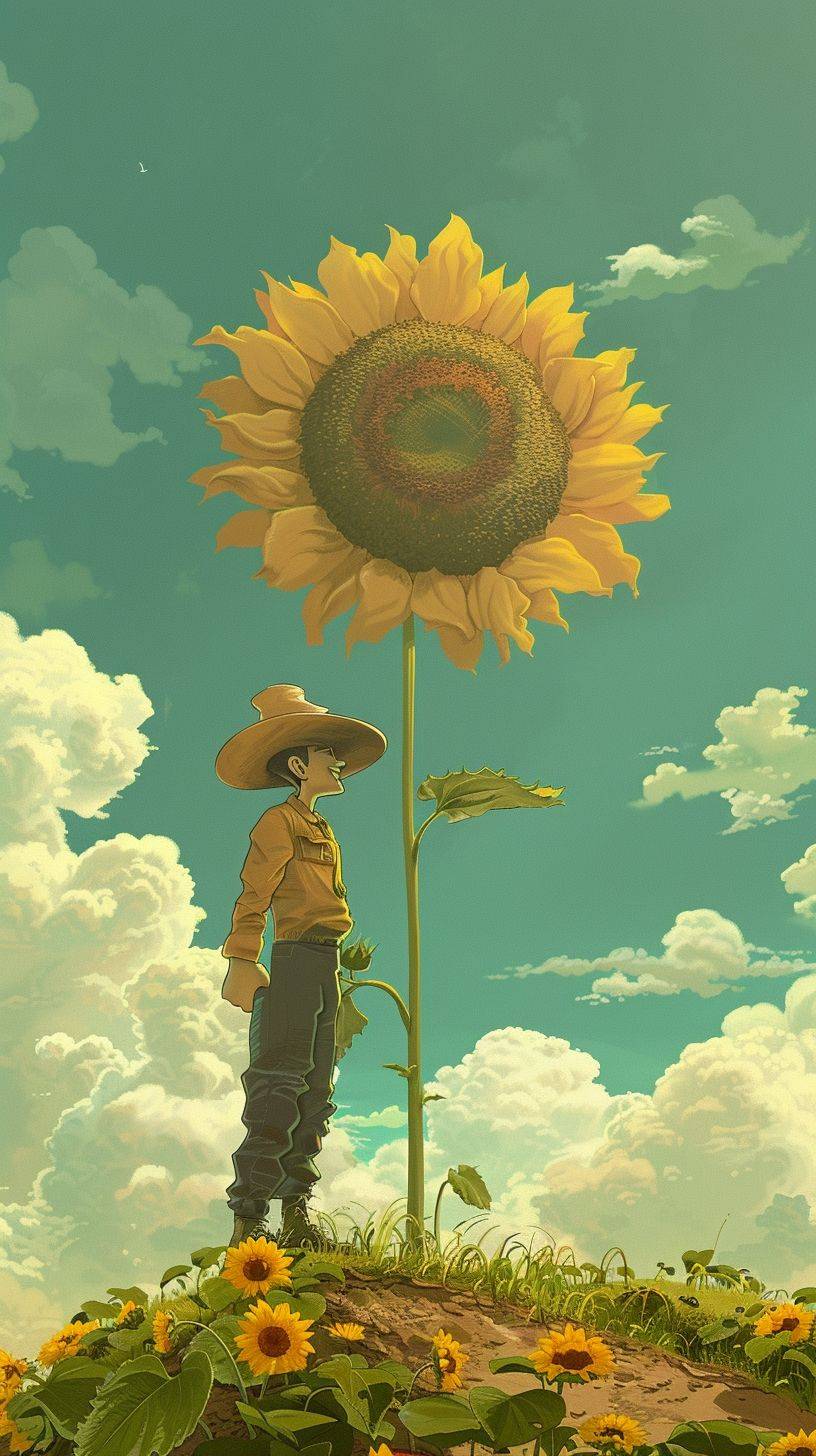 A cartoon man wearing a hat is standing in a sunflower field, in the style of Werner Herzog, João Artur da Silva, Junglepunk, animated exuberance, I can't believe how beautiful this is, Richard Dadd's subtle humor
