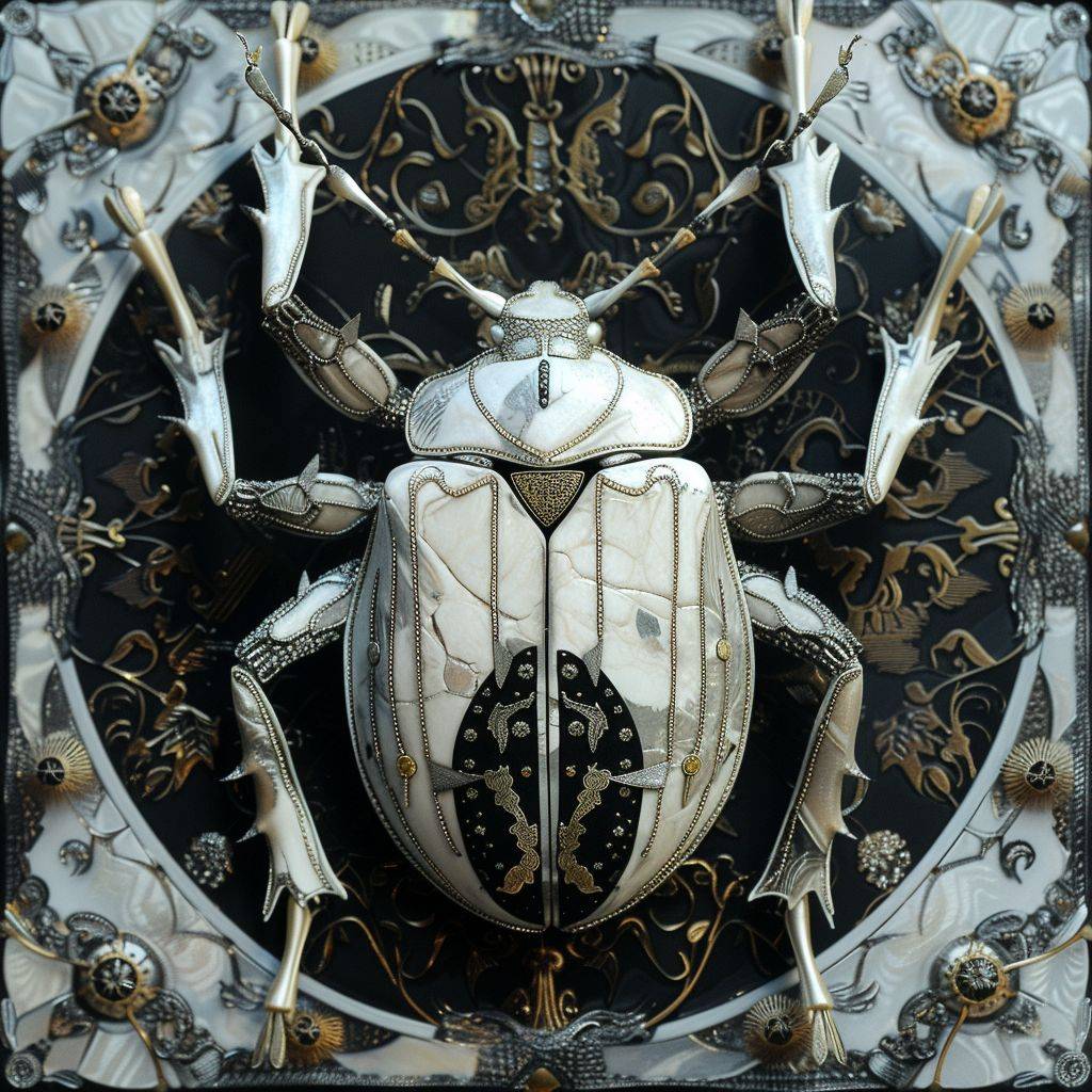Insecta spider beetle in white and black, in the style of Barthel Bruyn the elder, multilayered, inlay, dark gold and silver, Agfa Vista, Flickr, large-scale --v 6