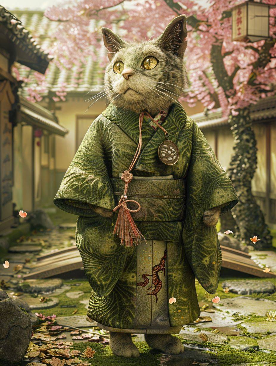 Image of an anthropomorphic Folded Ear Cat wearing a fashionable matcha-colored coat with adorable folded ear accessories. Using small paws to stroke its folded ears, smiling, with a Japanese-style courtyard with a small bridge under cherry blossom trees in the background, photo realistic, hyper-detailed, ultra detailed, 4k, 8k