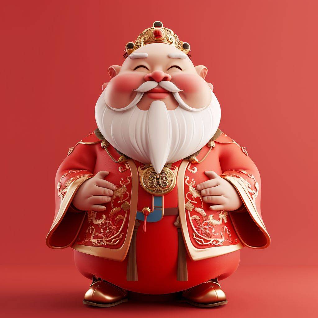 a 3D cartoon fat god of wealth character with white beard, wearing China red luxury china traditional clothes