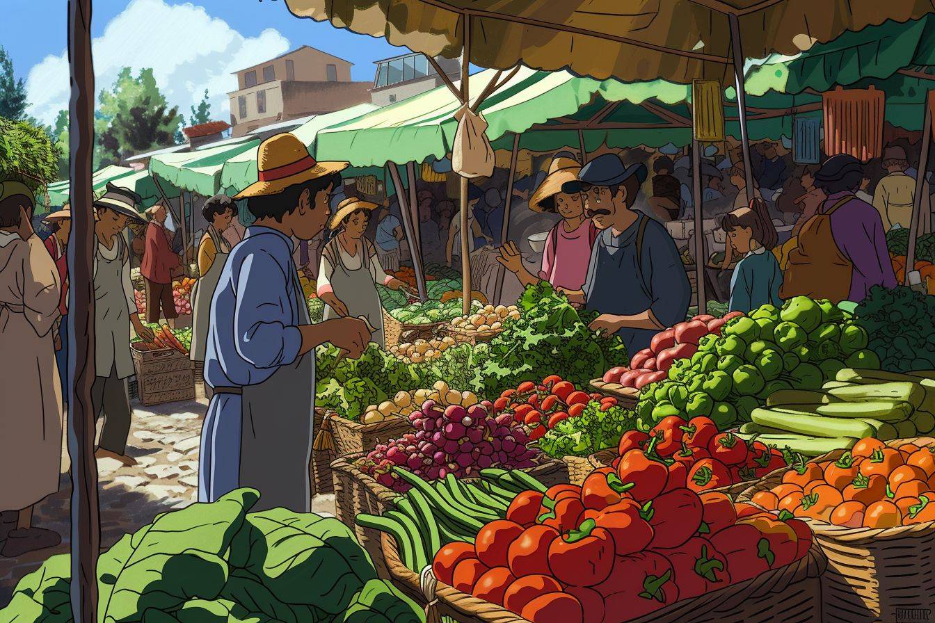 Retro Ghibli scene, bustling morning market, fresh produce stalls, sunlit, minimal shading, bold, lined, 2D, flat, low detail, animated film pioneer--style raw--chaos 20--aspect ratio 3:2--frame rate 6