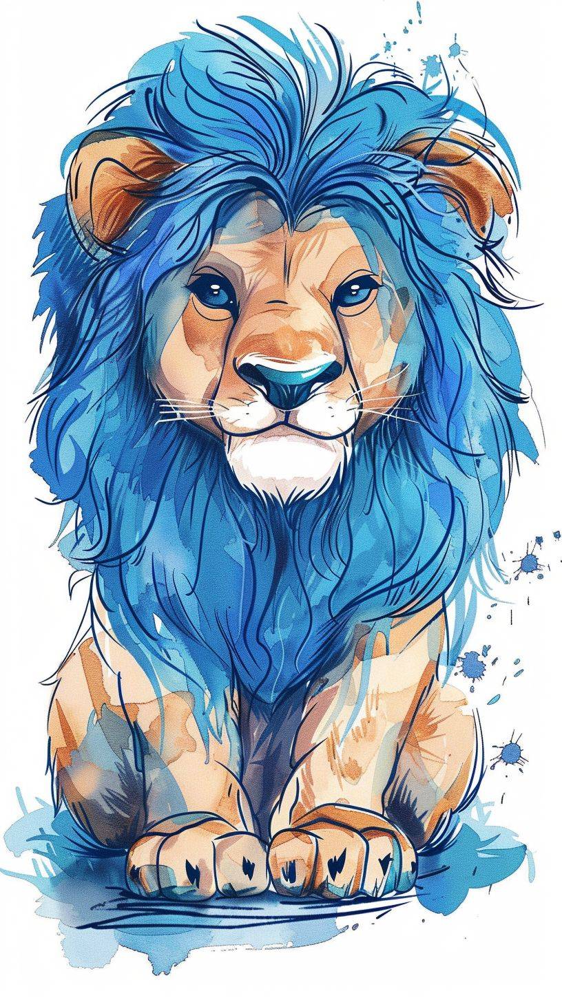 Ralph Steadman風のキャラクター、太い線で手描きされた可愛らしいライオン、青い髪、ぬいぐるみの感触、ベクターファイル、水彩、白い背景、ラフ、ミニマリズム、正面図
