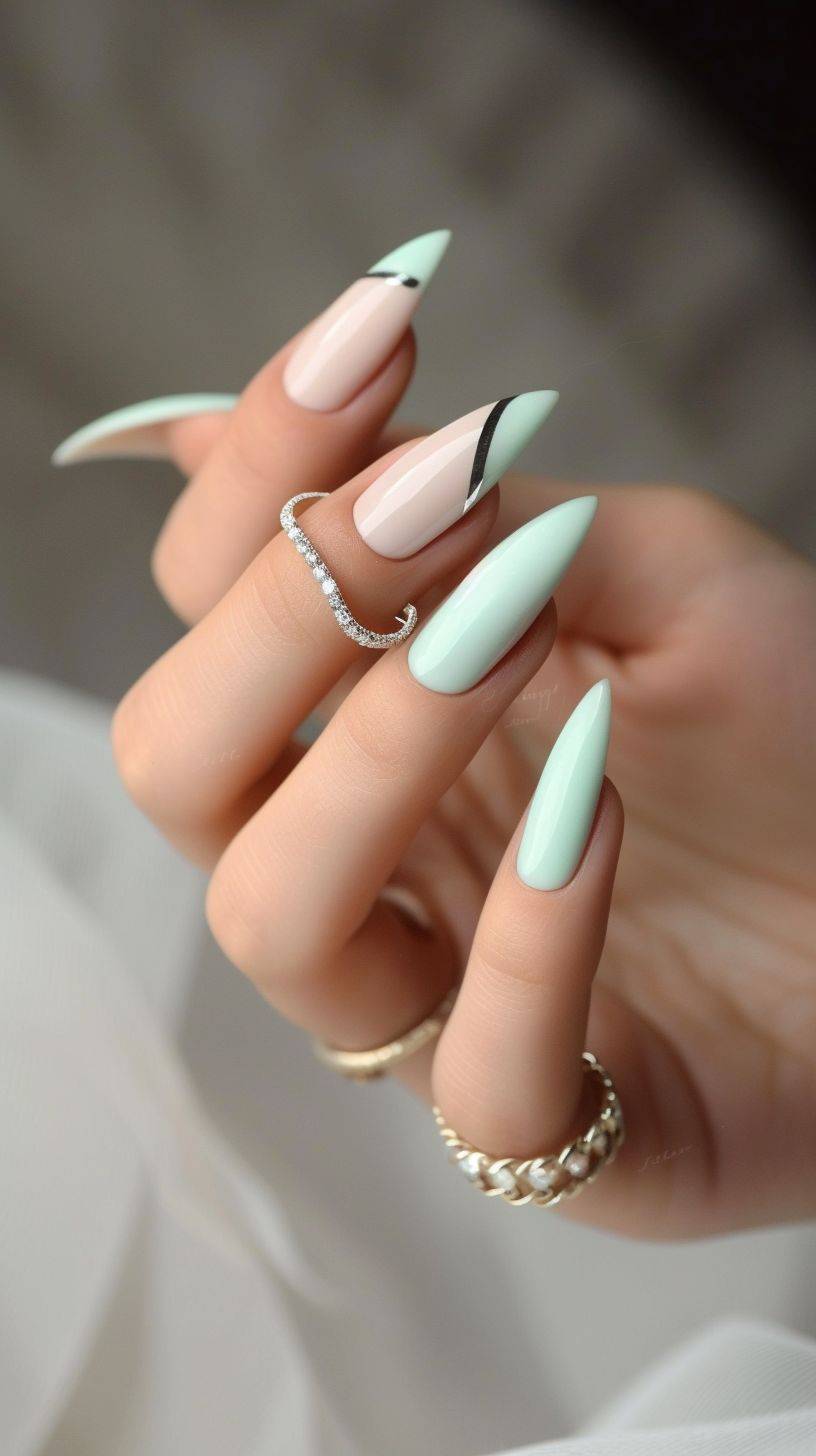 MintCream-biege trending french nail art nails, one hand, beautiful,perfect fingers, perfect long nails, beautiful nail photography, realistic, impressive, 8k, UHD