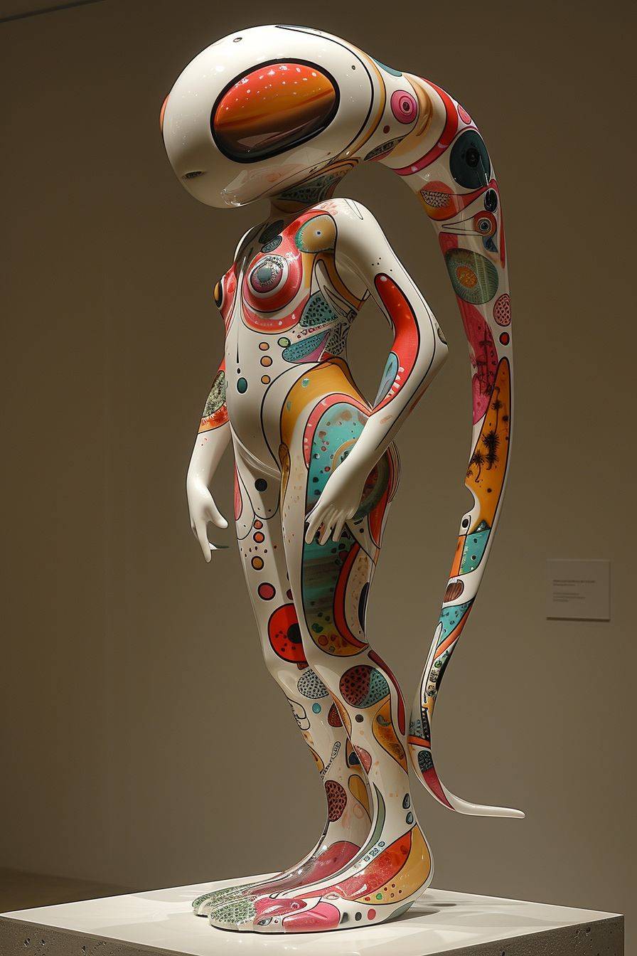 A robot like Exoskeleton, for transporting and protecting a capsule for a young romantic yellow-fuchsia haired panther-woman, with long heart-shaped earrings, fur, fusion bodies, embracing dancing, shimmering porcelain one asymmetric figurine depicting french cartoon Tokyo characters, in the style of Walt Disney, futurist-animals and 1 king, Tracey Emin, Pixar, Minolta Riva Mini, human imagery, display museum --style raw --ar 2:3 --v 6 --stylize 750