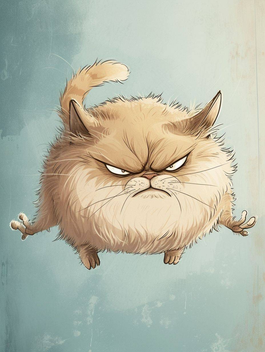 A chubby and fluffy cartoon cat with an angry expression lurking in the air