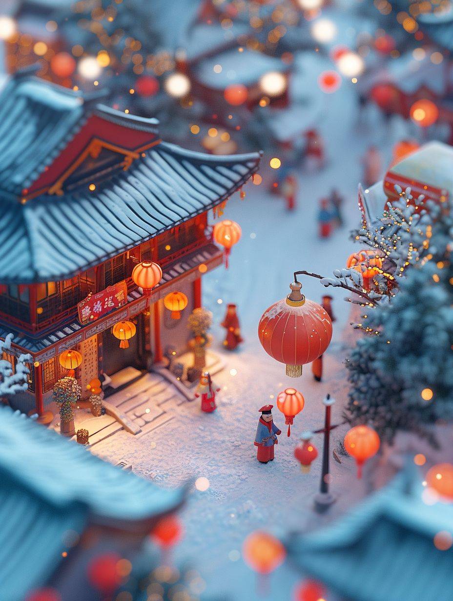 Miniaturized, Spring Festival Town isometric view, super cute clay world, cute clay stop-motion animation, Chinese New Year lanterns, Spring couplets, gather outside, lively atmosphere, Palace, tilt movement, excellent lighting, snow, volume landscape, brush rendering, tilt movement, 3D, super detail, 32k