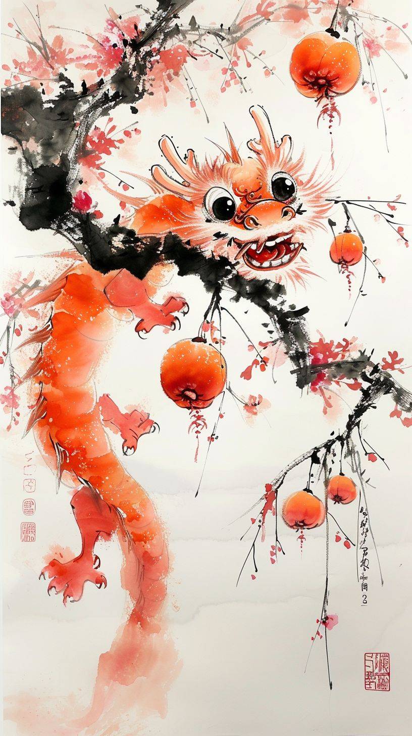 吳冠中が描いた中国の龍、柿を踏んでいて、とても可愛らしい、大きな目と白い歯を持ち、私に微笑む、中国の龍、白い背景、18k-スタイル生もの250