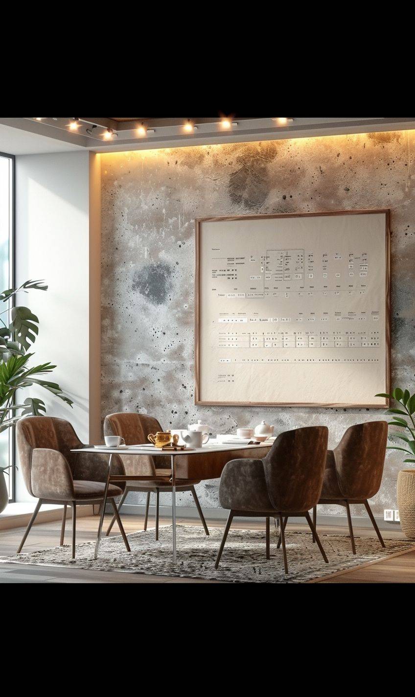Realistic and minimalist company tea break area with a table in the foreground and a bulletin board in the background, modern high-class minimalist style, bright office environment, textured walls.