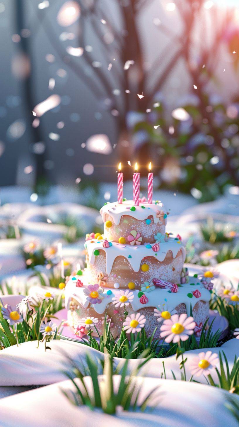 3Dのアニメーション誕生日ケーキは蝋燭が灯されており、初めて解けた雪の上にあり、背景には緑の草があります