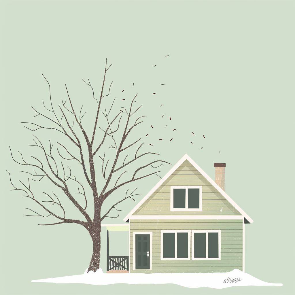 A cabin house, a tree with scattered branches behind it, minimalist illustration style, green macaron color scheme, 32kHD