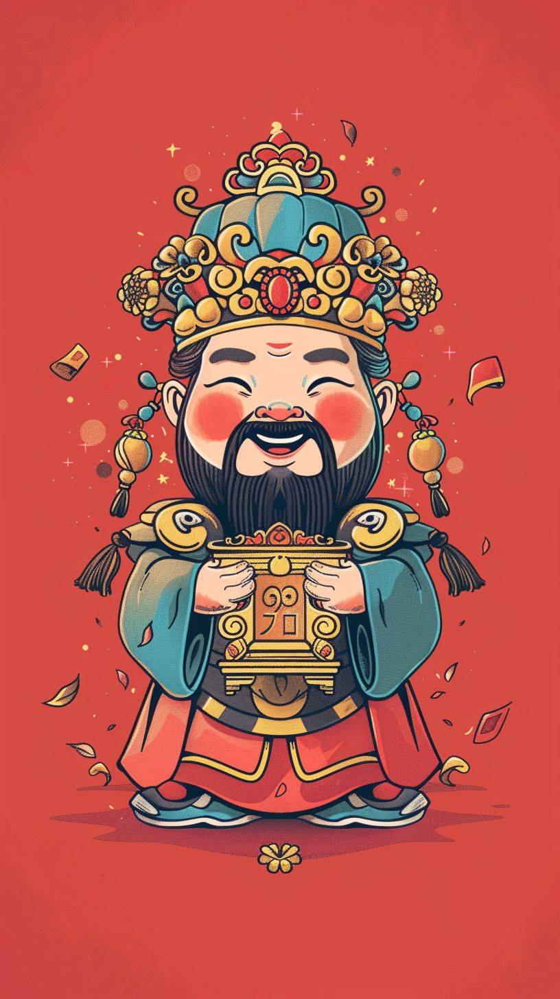 Cute Chinese God of Wealth, hand-drawn in a sketch style, holding a shiny large ingot in hand, with a smiling face. The artwork features a minimalist design with a simple and clean light red background. It is a full-body portrait with bright lighting and soft, sophisticated colors. The illustration is in a cartoon style with intricate details.