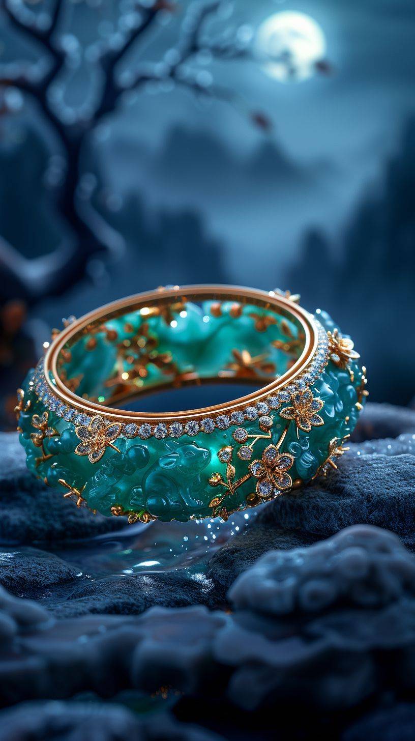jewelry, jade rabbit gold bangle, under the moonlight, a delicate gold bangle wraps around a finely carved jade rabbit, the bangle emits soft moonlight, surrounded by the night's silence, background of a deep blue night sky and bright moon, the three view, masterpiece, best quality, highly detailed, 8k, rich background, 3d rendering, cg rendering, hyper-detailed rendering