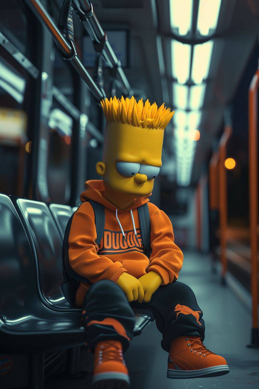 Bart Simpson is sadly sitting in the bus, wearing black and orange Puma sweatshirt and jogging pants, morning, realistic, unreal engine style