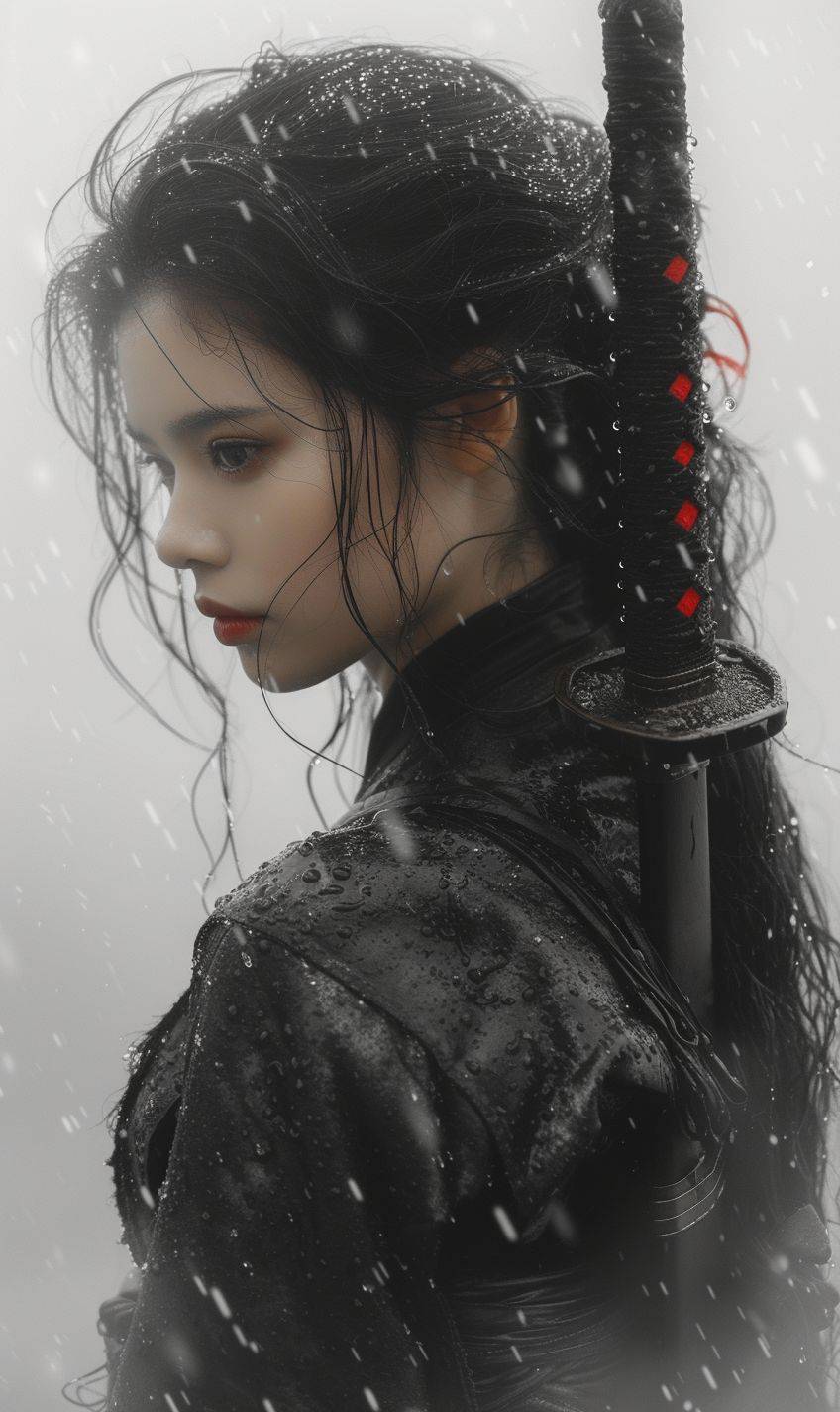 Samurai girl in the style of black and white realism, atmospheric impressionism, darkly romantic realism, pre-raphaelite realism, grainy black and white photos, soft-focused realism