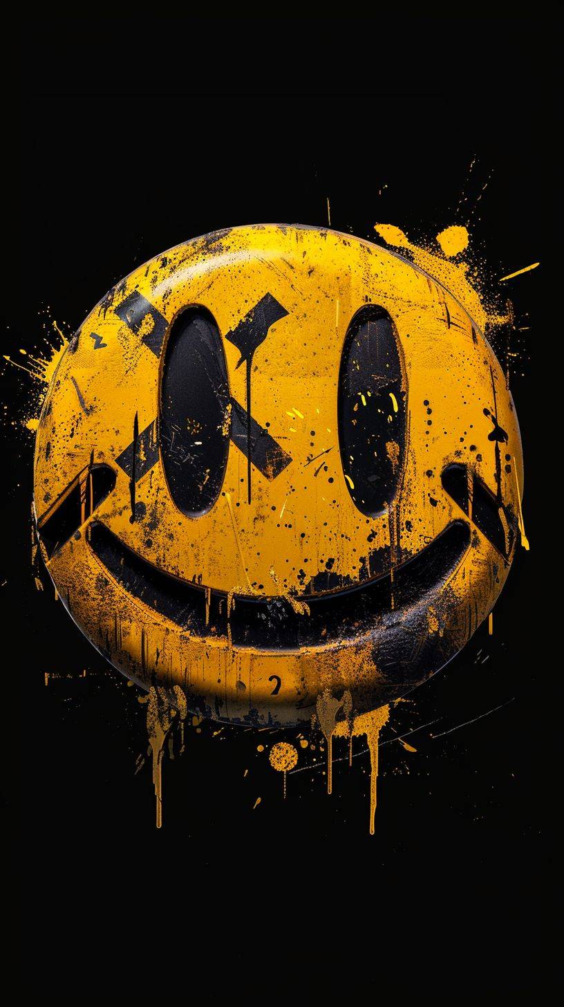 The image features a small smiley face logo with a seriously happy expression. There are grunge X's in the eyes. It is in a graffiti format, on a black background, with hyper detail, 8K, and HD.