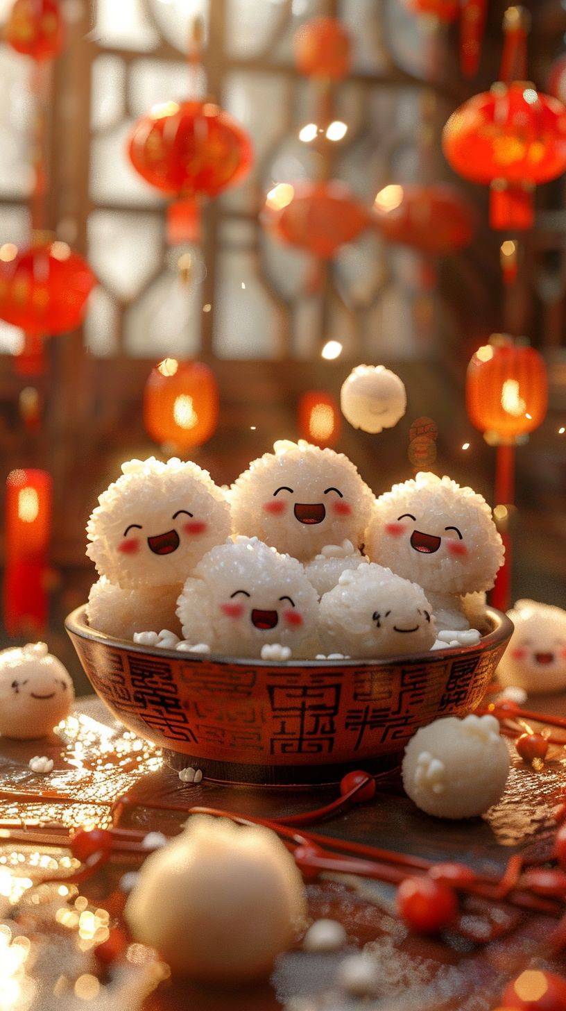 Miniature, super cute clay world, a huge bowl with many lovely rice dumplings, lovely expression, Chinese Lantern Festival, tilt movement, excellent lighting, volume, brush rendering, 3D, super detail