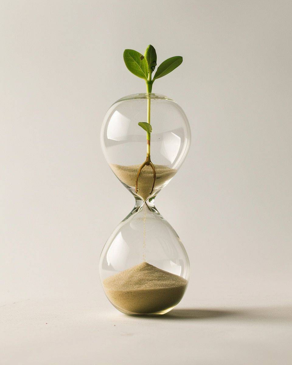 A close-up studio photograph of an hourglass on a white background, with a bud growing in the upper sand inside the hourglass.