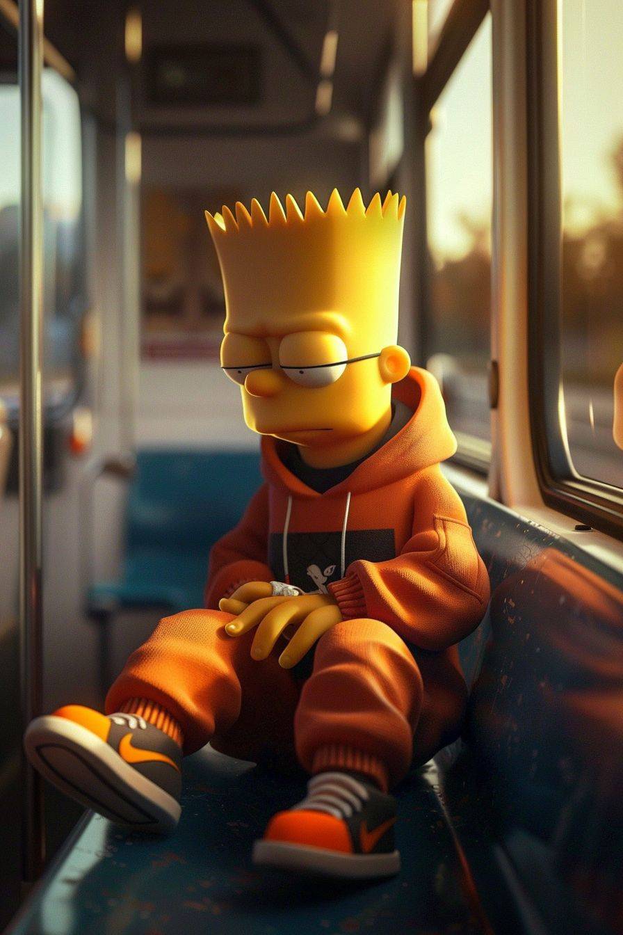 Bart Simpson is sadly sitting in the bus, wearing black and orange Puma sweatshirt and jogging pants, morning, realistic, unreal engine style