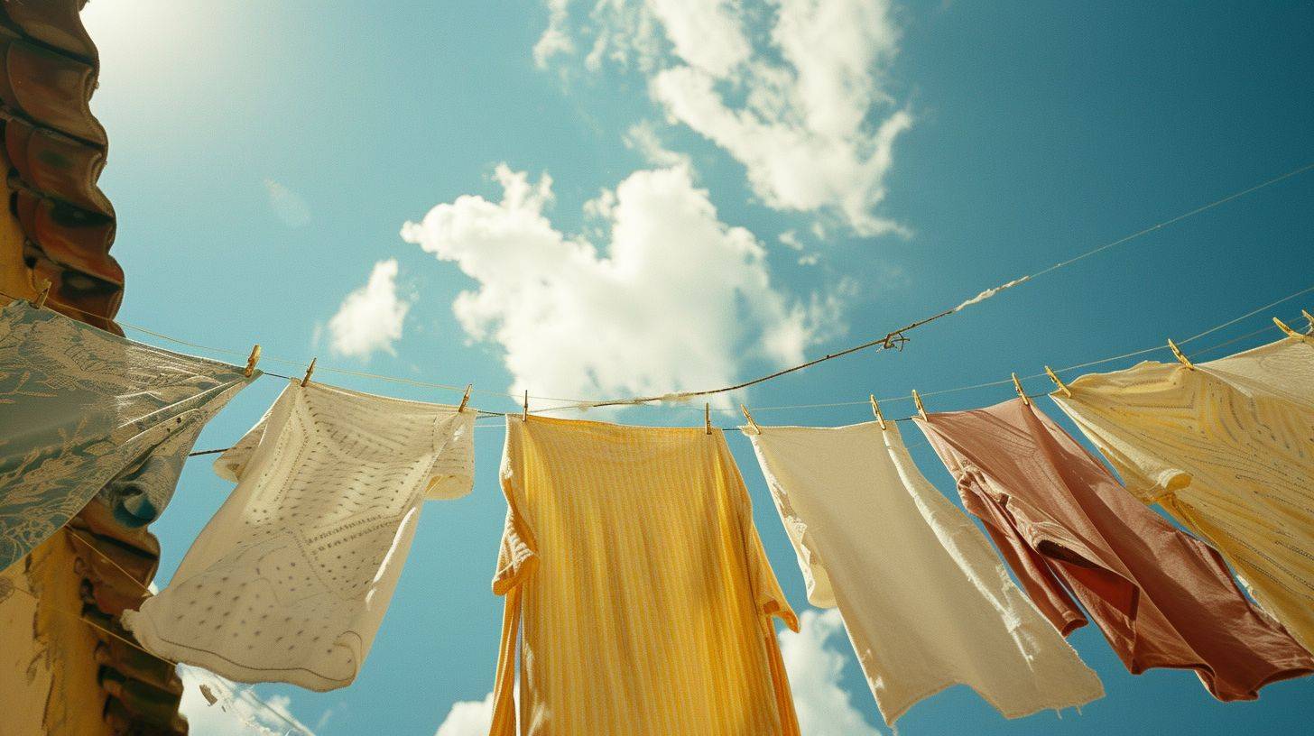 The timeless ritual of laundry day captured with clothing hung out to dry in the warm sun, the subtle interplay of light and shadow on the fabric against the vivid blue sky shot on Fujifilm, Fujicolor C200, depth of field emphasized