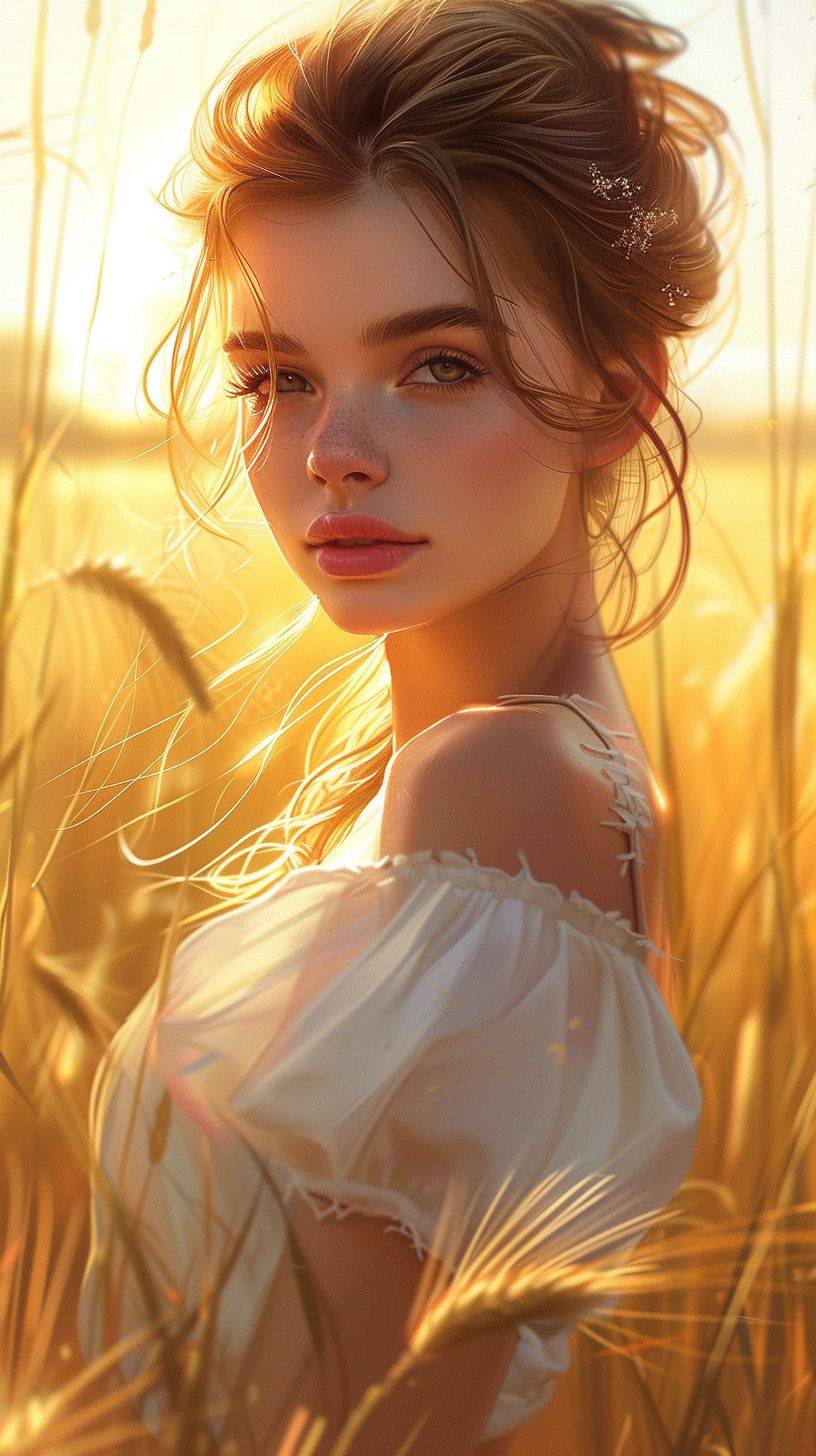 A gentle breeze kissed the golden fields as the setting sun cast its ethereal glow. Portraits, Vivid, Detailed, Characters, by Artgerm.