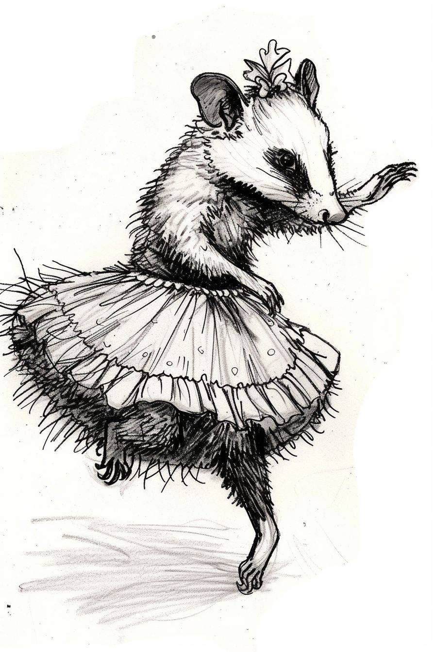 an opossum twirling in a tutu, cartoony, illustration, pen and ink sketch