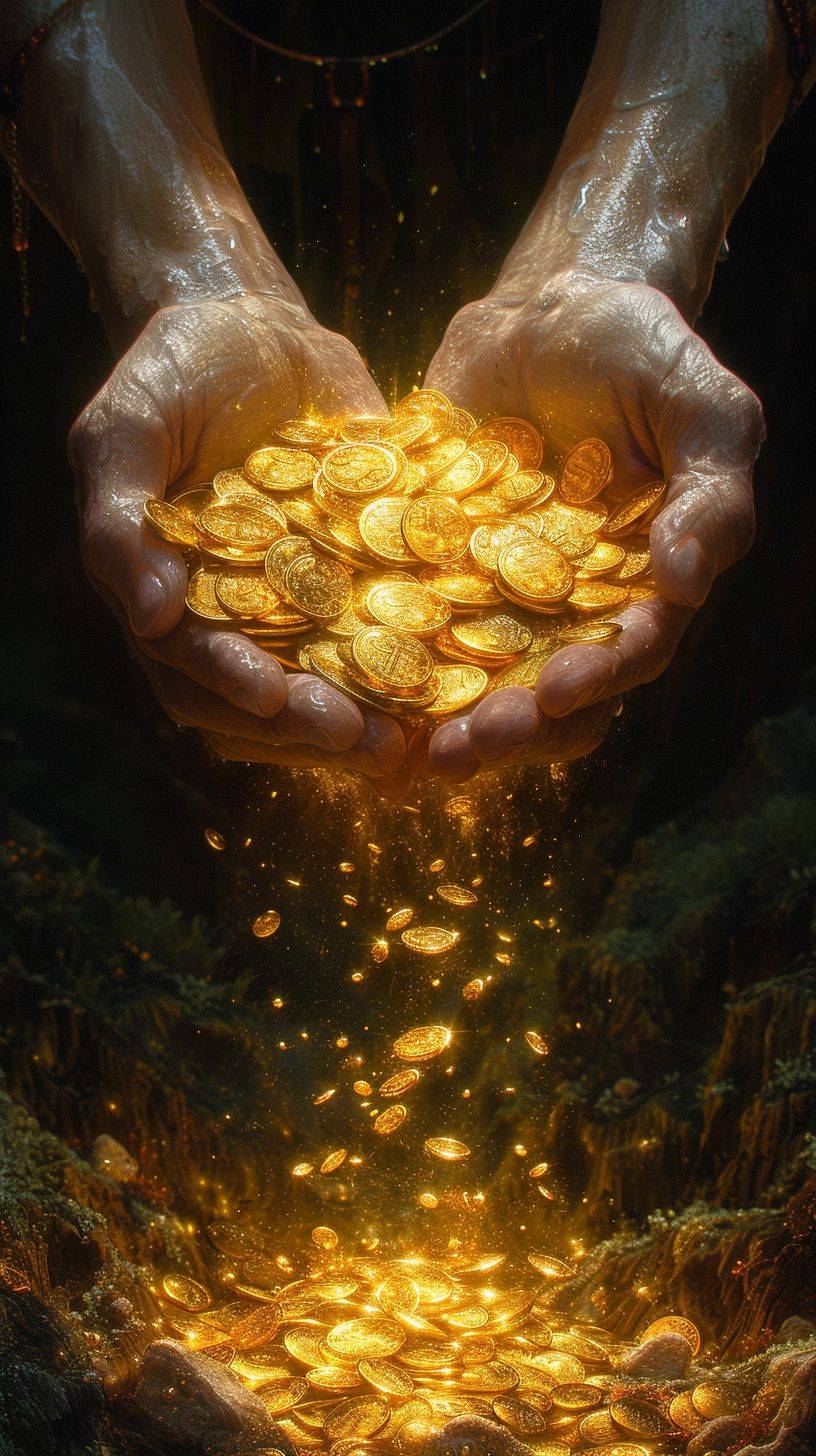 画像は溢れんばかりの黄金のコインを抱えたままの手を捉え、全体を包み込む黄金の輝きに囲まれている。この光景は類まれなる富と繁栄の瞬間を体現し、限りない富の印象を消し去ることはない。